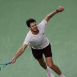 Poland's Hubert Hurkacz in action during his round of 64 match against Serbia's Novak Djokovic.