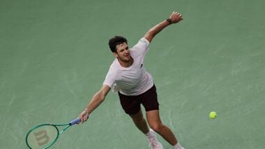 Poland's Hubert Hurkacz in action during his round of 64 match against Serbia's Novak Djokovic.
