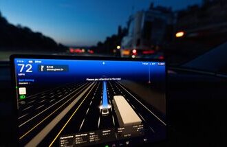 A display of a Tesla Model 3 using Full Self-Driving Supervised.
