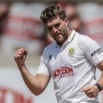 South Africa's Wiaan Mulder (L) celebrates