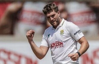 South Africa's Wiaan Mulder (L) celebrates