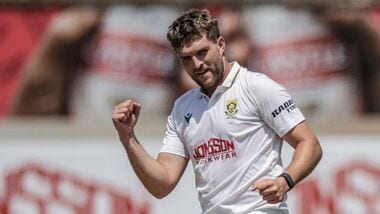 South Africa's Wiaan Mulder (L) celebrates
