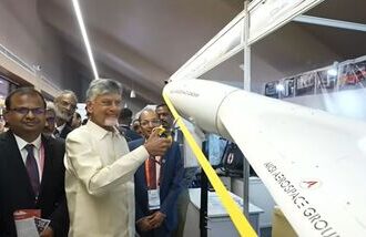 During his visit to the company's pavilion at the PanIIT Andhra Pradesh Summit, N. Chandrababu Naidu was briefed by Pankaj Akula, group managing director and founder MD and chief technologist of AKSI Aerospace. (Image: Pankaj Akula/LinkedIn)