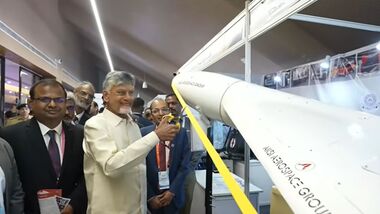 During his visit to the company's pavilion at the PanIIT Andhra Pradesh Summit, N. Chandrababu Naidu was briefed by Pankaj Akula, group managing director and founder MD and chief technologist of AKSI Aerospace. (Image: Pankaj Akula/LinkedIn)