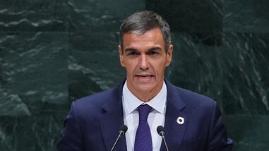 Spain's PM Pedro Sánchez Pérez-Castejón addresses the 81st session of the United Nations General Assembly at U.N. headquarters Wednesday, Sept. 23, 2026. (AP Photo/Frank Franklin II)