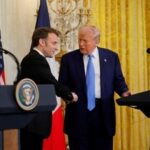 US President Donald Trump (right) shakes hands with French President Emmanuel Macron, during a press conference at the White House in Washington, DC, US, on February 24, 2025.