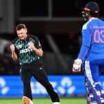 New Zealand's Nathan Smith (L) celebrates the wicket of India's Vaibhav Sooryavanshi during the second T20I.