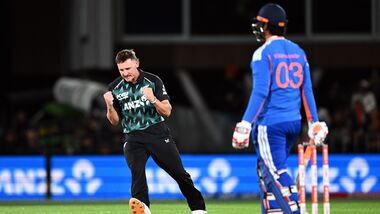 New Zealand's Nathan Smith (L) celebrates the wicket of India's Vaibhav Sooryavanshi during the second T20I.