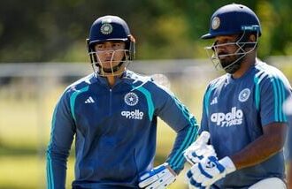 Vaibhav Sooryavanshi (L) and Sanju Samson during India's training session at the Hagley Oval in Christchurch ahead of 2nd T20I against New Zealand.