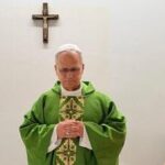 This picture, released by Vatican Media on Friday, Oct. 16, 2026, shows Pope Leo XIV celebrating Mass at the Agostino Gemelli Polyclinic in Rome, where he is recovering after having cancer removed from his right lung. (Vatican Media via AP)