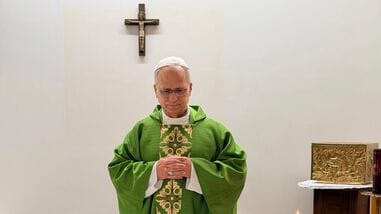 This picture, released by Vatican Media on Friday, Oct. 16, 2026, shows Pope Leo XIV celebrating Mass at the Agostino Gemelli Polyclinic in Rome, where he is recovering after having cancer removed from his right lung. (Vatican Media via AP)