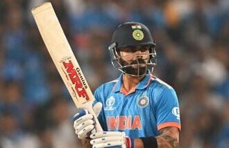 Virat Kohli scored a hundred on October 19, 2023, during the 2023 ODI World Cup against Bangladesh in Pune.