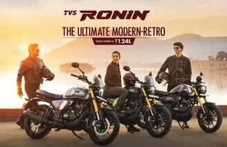 The TVS Ronin begins at  ₹1.24 lakh, extending to  ₹1.59 lakh for the range-topping version.