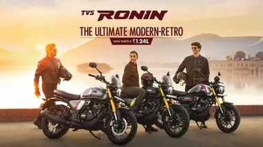 The TVS Ronin begins at  ₹1.24 lakh, extending to  ₹1.59 lakh for the range-topping version.