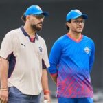 Yuvraj Singh (L) and Sourav Ganguly in Delhi Capitals colours.