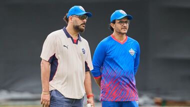 Yuvraj Singh (L) and Sourav Ganguly in Delhi Capitals colours.