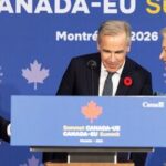Antonio Costa, president of the European Council, left, Mark Carney, Canada's prime minister, center, and Ursula von der Leyen, president of the European Commission, during a joint news conference at the EU-Canada summit in Montreal, Quebec, Canada, on Friday, Oct. 30, 2026. Photographer: Nasuna Stuart-Ulin/Bloomberg